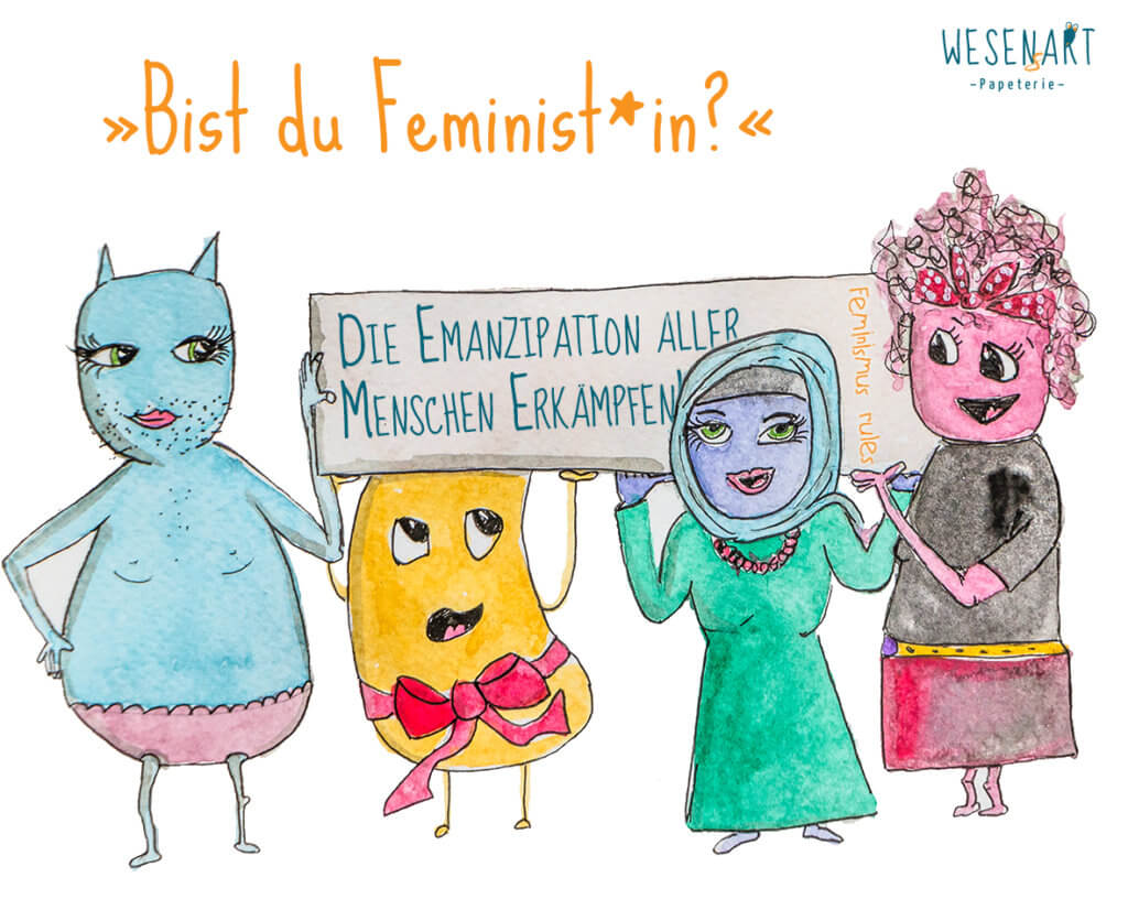 Ally, Valententin*a, Zafer und Yannie halten ein Schild hoch, darauf steht »Die Emanzipation aller Menschen erkämpfen!« und »Feminismus rules«