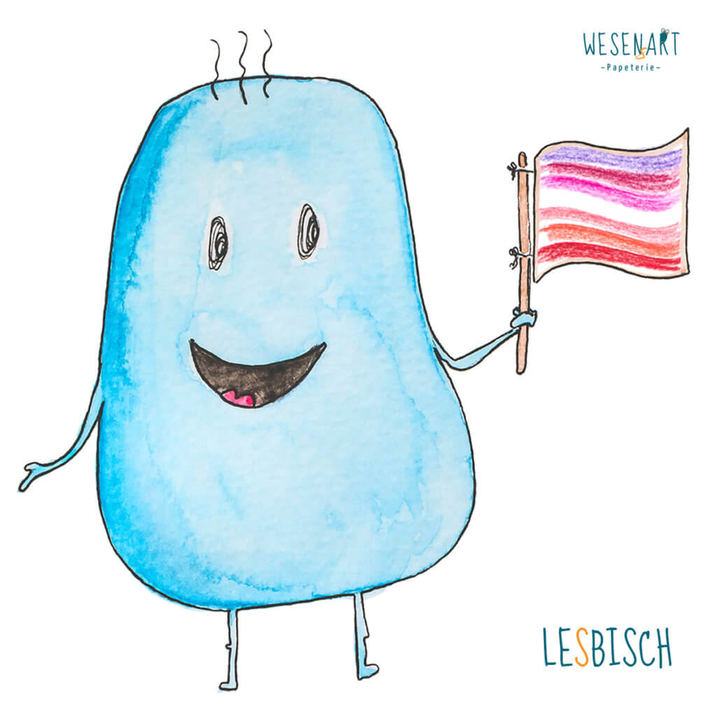 WESENsART – Mika - ein blaues, knubbeliges Wesen hat eine Fahne in der Hand. Die Farbkombination steht für Lesbisch