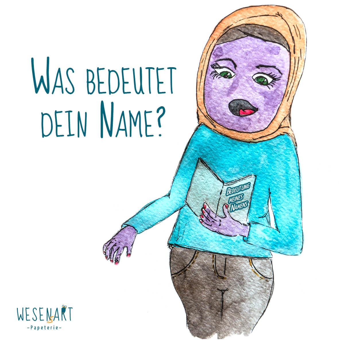 Zafer – ein lila Wesen, mit Hijab liest in einem Buch zum Thema Namensbedeutung. Daneben die Frage: »Was bedeutet dein Name?«