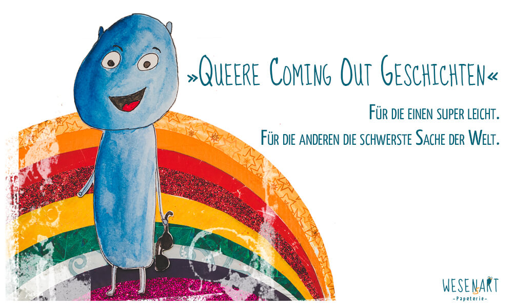 Alex vor einem Regenbogen. Daneben der Text: »Queere Coming Out Geschichten.« Für die einen super leicht. Für die anderen die schwerste Sache der Welt.