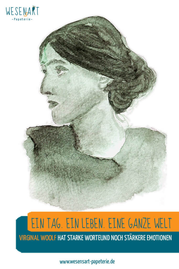 Aquarell Portrait von Virginia Woolf mit Beitragstitel.