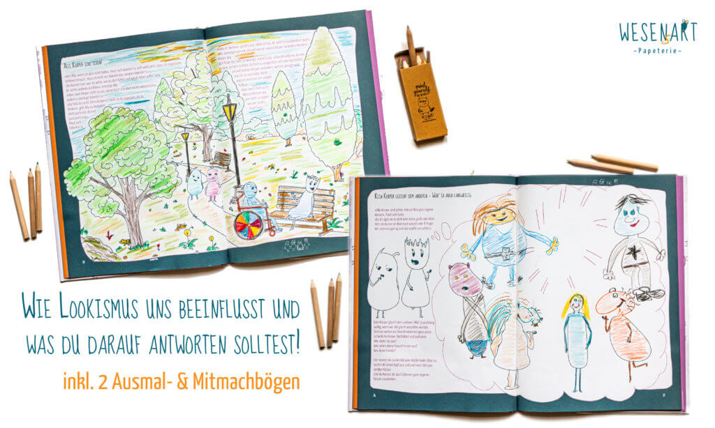 Titelbild mit dem Schriftzug »Wie Lookismus uns beeinflusst und was du darauf antworten solltest! inkl. 2 Ausmal- & Mitmachbögen« sowie den ausgemalten Bögen aus dem Mal-, Kritzel- und Mitmachbuch